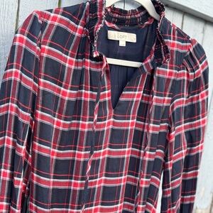 LOFT Women’s Dress Medium Red Navy Plaid Long Sleeved with Wrap Belt and Lining